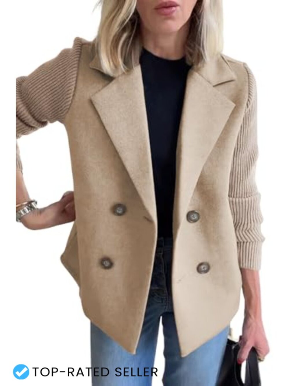 Wool Blend Pea Coat Double Breasted Notch Lapel Blazer Jacket